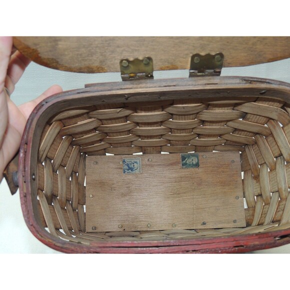 VTG 60s‎ Hand Painted Wooden Picnic Basket Handbag (Bonus 2 VTG Stamps) - Picture 13 of 16